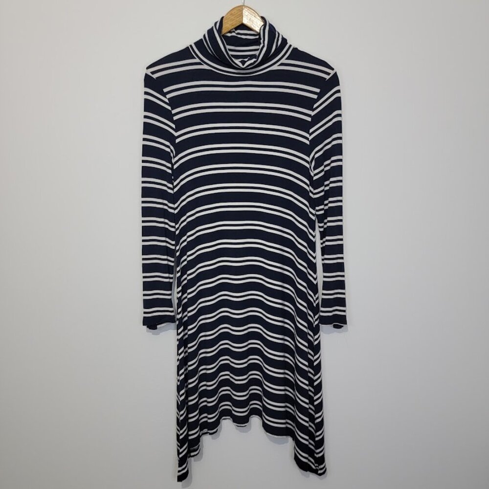 Anthropologie Maeve Navy Striped Turtleneck Swing Dress Size S Asymmetric Hem